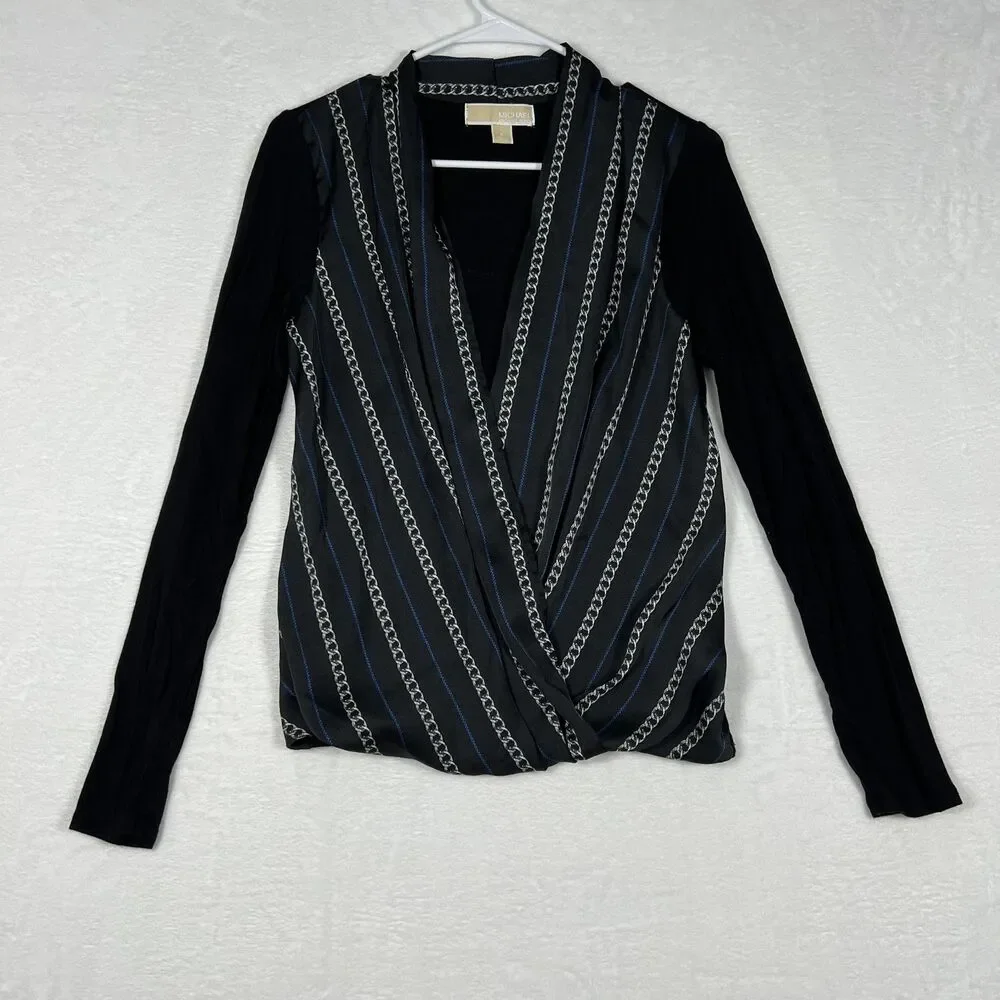 Michael Michael Kors Women's Wrap Top Small Black Chain Print Long Sleeve Blouse